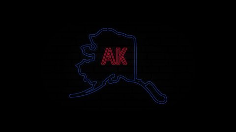 Glowing neon line Alaska state lettering isolated on black background. USA. Animated map showing the state of Alaska from the united state of america