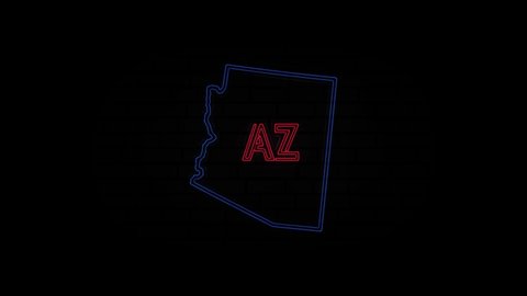 Glowing neon line Arizona state lettering isolated on black background. USA. Animated map showing the state of Arizona from the united state of america