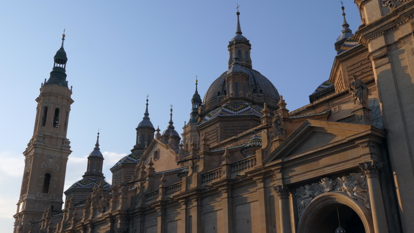 Urban view of Zaragoza, Spain with the Cathedral Basilica of Our Lady of the Pillar, a Roman Catholic church. Famous Spanish city as travel destination, with monument and landmark