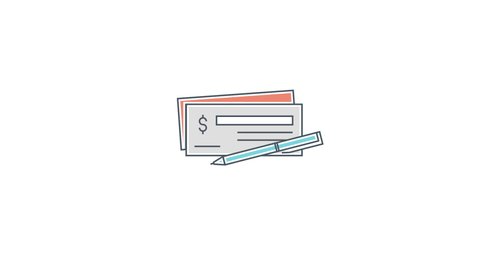 Check, Checkbook, Cheque Flat Line Animated Icon, Finance Concept Icon. 4K Ultra HD Video, Loop Motion Graphic Animation.