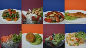 ready-made food in rotating plates on colored backgrounds. Ready meals. collage, multiscreen