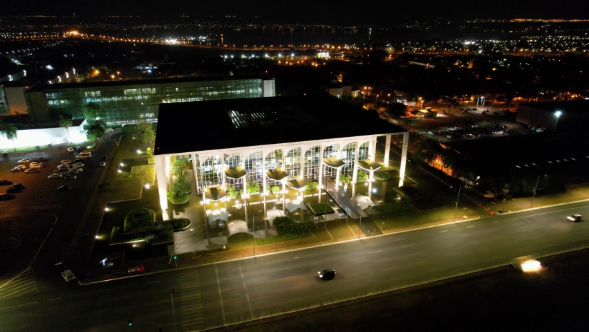 Justice Palace, Brasília. Justice building, Brasília. Downtown city of Brasília, Brazil. Night aerial landscape of urban bulding and avenue landmark of Brasília city. Government building, Brasilia.