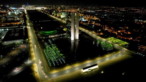 Brasília Brazil. National Congress at night. Night downtown city of Brasília, Brazil. Night aerial landscape of urban building and avenue landmark of Brasília city. National Congress, Brasília Brazil.