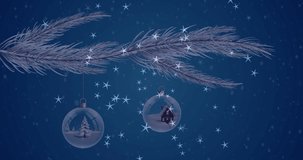 Animation of christmas baubles on fir tree branch. christmas, tradition and celebration concept digitally generated video.