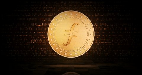 Filecoin, FIL cryptocurrency gold coin on loopable digital background. 3D seamless loop concept. Rotating golden metal looping abstract animation.