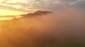 Thick fog covers mountains and forests in rays of morning light. Location place Carpathian mountains, Ukraine, Europe. Cinematic aerial shot. Discover the beauty of earth. Filmed in 4k, drone video.