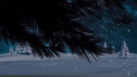 Animation of season's greetings with christmas fairy lights and snow falling over winter landscape. christmas, tradition and celebration concept digitally generated video.
