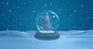 Animation of snow globe with christmas tree and snow falling. christmas, tradition and celebration concept digitally generated video.