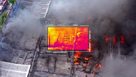 Thermographic scan screen on a flaming structure fire - 3d graphics animation