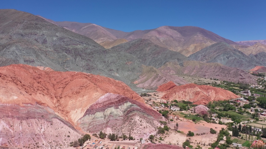 Cinematic and panoramic drone shot of the Hill of Seven Colors, in Jujuy Province, Argentina. Aerial 4K footage. Royalty-Free Stock Footage #1079668484