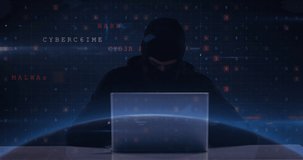Animation of cyber attack warning over scopes scanning and hacker. global internet security, cyber crime, connections and data processing concept digitally generated video.