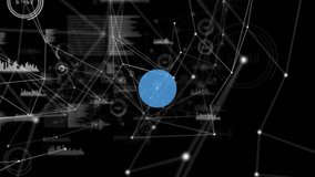Animation of network of connections with icons and data processing over black background. global connections, data processing and digital interface concept digitally generated video.