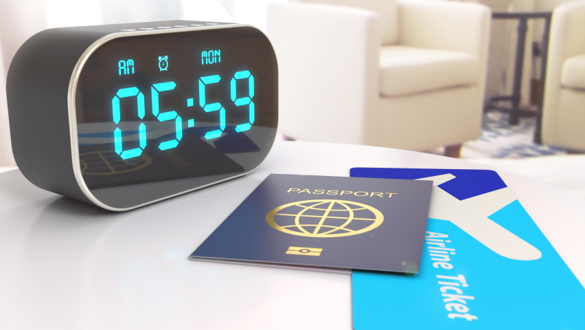 The alarm clock rings at the 6 am morning reminding the time to going to the airport. On the table are a passport and boarding pass for the airplane. It's time to go on a travel trip and vacation.