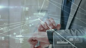 Animation of network of connections with icons over man using smartwatch. global connections, social media, digital interface, technology and networking concept digitally generated video. - Powered by Shutterstock - Get 15% off with code: PIKWIZARD15