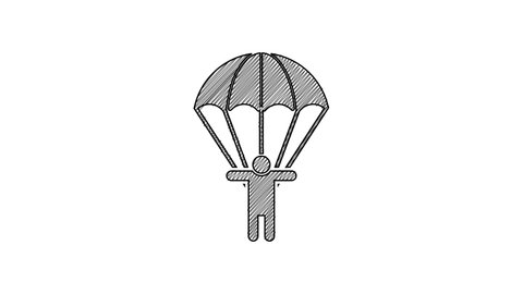 Black line Parachute and silhouette person icon isolated on white background. 4K Video motion graphic animation.
