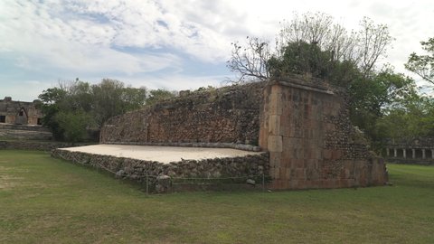 UXMAL, YUCATAN, MEXICO - MAY 2021: "Pok-ta-pok" sport court ruins in ancient Mayan city of Uxmal, Yucatan