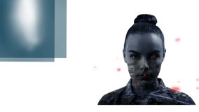 Animation of cityscape and red spots over woman face. global business, data processing, connections and digital interface concept digitally generated video.