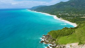 Dominican Republic nature aerial view landscape. High mountains and blue Atlantic Ocean 4k stock video. Green island in the Caribbean.