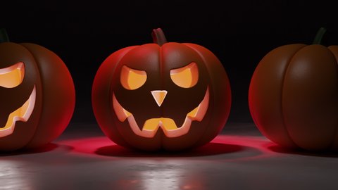 Halloween pumpkins moving, rotating seamless loop 3D animation. Mystery red light. Bright glowing candles inside. Scary smile, eyes. Jack O Lantern face. Festive night party celebration. Horror mood