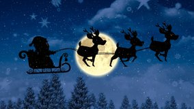 Animation of snow falling over santa claus in sleigh with reindeer and moon. christmas, tradition and celebration concept digitally generated video.