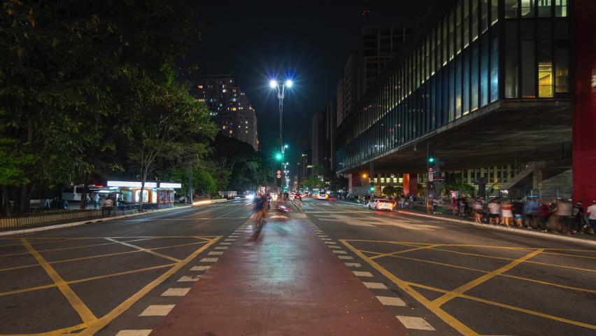 Timelapse view of night traffic on Paulista Avenue in Sao Paulo, Brazil. Sao Paulo is the business and financial centre of Brazil and the largest city in South America.  Royalty-Free Stock Footage #1079689118