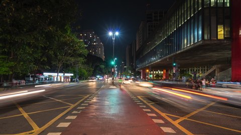 Timelapse view of night traffic on Paulista Avenue in Sao Paulo, Brazil. Sao Paulo is the business and financial centre of Brazil and one of the largest cities in the world. 