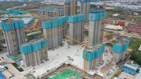 September 25, 2021; Kunming - China: Aerial view of residential properties in China under construction