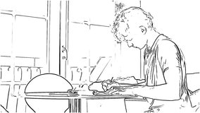 Pencil-drawn cartoon of a student doing homework
