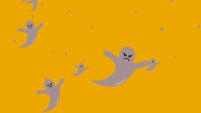 Animation of halloween night text over warning sign and ghosts on orange background. halloween, autumn, celebration and tradition concept digitally generated video.
