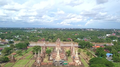  Wat Chaiwatthanaram temple in Ayutthaya Historical Park, Ayutthaya Province, Thailand. 4k bird eye view from drone