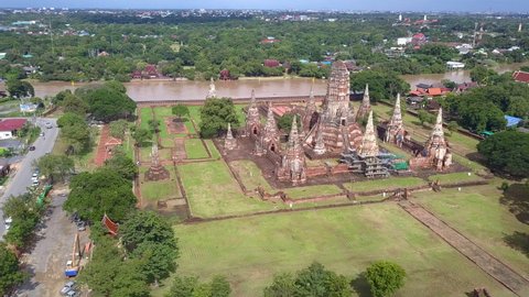  Wat Chaiwatthanaram temple in Ayutthaya Historical Park, Ayutthaya Province, Thailand. 4k bird eye view from drone