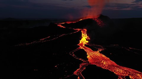 Aerial view over volcanic eruption, Night view, Mount Fagradalsfjall
4K drone shot of lava spill out of the crater  Mount Fagradalsfjall, September 2021, Iceland 
