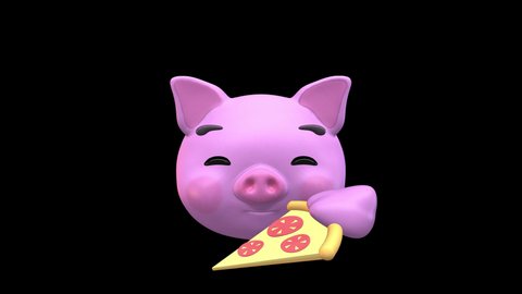 Eating Pizza Pig Face 3D Animated Emoji. Emoticon Pig Head Isolated on Transparent Background with Alpha Channel Quicktime ProRes 4444. 4K Ultra HD Video Motion Graphic and Loop Animation.