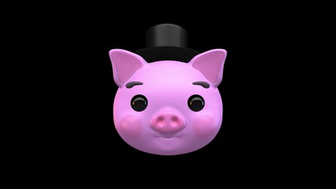 Pig Face with Top Hat 3D Animated Emoji. Emoticon Pig Head Isolated on Transparent Background with Alpha Channel Quicktime ProRes 4444. 4K Ultra HD Video Motion Graphic and Loop Animation.