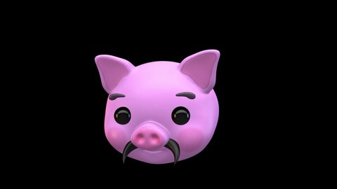 Pig Face with a Mustache 3D Animated Emoji. Emoticon Pig Head Isolated on Transparent Background with Alpha Channel Quicktime ProRes 4444. 4K Ultra HD Video Motion Graphic and Loop Animation.