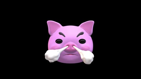 Pig Face with Steam From Nose 3D Animated Emoji. Emoticon Pig Head Isolated on Transparent Background with Alpha Channel Quicktime ProRes 4444. 4K Ultra HD Video Motion Graphic and Loop Animation.
