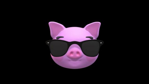 Smiling Pig Face with Sunglasses 3D Animated Emoji. Emoticon Pig Head Isolated on Transparent Background with Alpha Channel Quicktime ProRes 4444. 4K Ultra HD Video Motion Graphic and Loop Animation.
