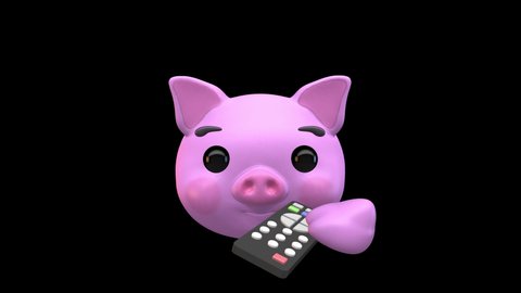 Pig Face with Remote Control 3D Animated Emoji. Emoticon Pig Head in Cute Faces Isolated on Transparent Background with Alpha Channel Quicktime ProRes 4444. 4K Ultra HD Video, Loop Motion Graphic.