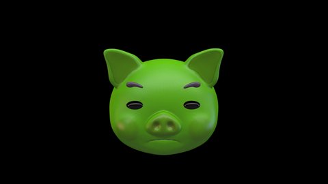 Nauseated Pig Face 3D Animated Emoji. Emoticon Pig Head in Cute Faces Isolated on Transparent Background with Alpha Channel Quicktime ProRes 4444. 4K Ultra HD Video Motion Graphic and Loop Animation.