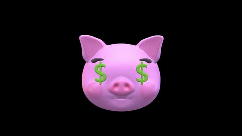 Money Pig Face 3D Animated Emoji. Emoticon Pig Head in Cute Faces Isolated on Transparent Background with Alpha Channel Quicktime ProRes 4444. 4K Ultra HD Video Motion Graphic and Loop Animation.