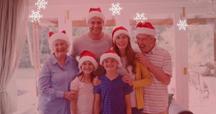 Animation of snow falling over smiling caucasian family with santa hats embracing. christmas, winter, tradition and celebration concept digitally generated video.
