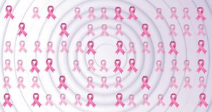 Animation of pink breast cancer ribbon over pink ribbons on white background. breast cancer positive awareness campaign concept digitally generated video.
