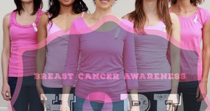 Animation of breast cancer awareness text over group of smiling women. breast cancer positive awareness campaign concept digitally generated video.