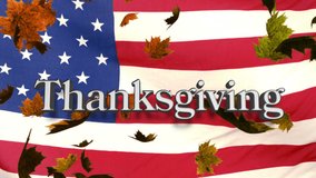 Animation of thanksgiving text over leaves floating and american flag. patriotism and celebration concept digitally generated video. - Powered by Shutterstock - Get 15% off with code: PIKWIZARD15