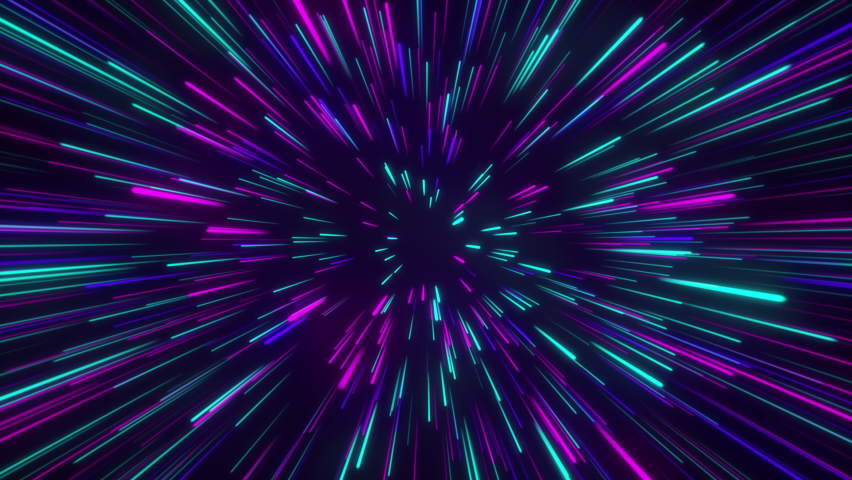 Glowing NEON RAYS motion in SPACE, lightspeed journey through time continuum. 3D ANIMATION with blue pink neon lights. FUTURISTIC and ABSTRACT colorful background. WALLPAPER. DIGITAL Design Concept. Royalty-Free Stock Footage #1079703545