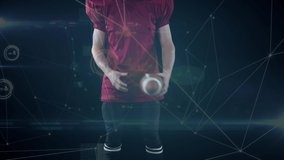 Animation of network of connections over caucasian american football player. global connections, sports and competition concept digitally generated video.