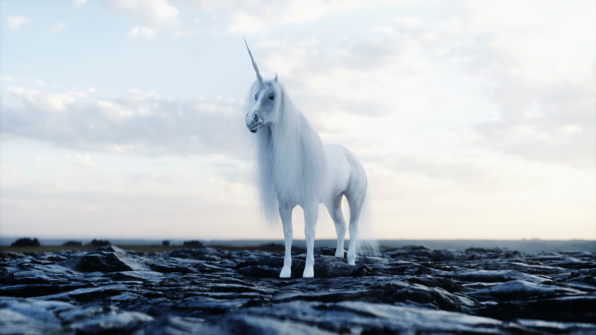 standing white magical unicorn in rocks. Realistic 4k animation. Royalty-Free Stock Footage #1079705585