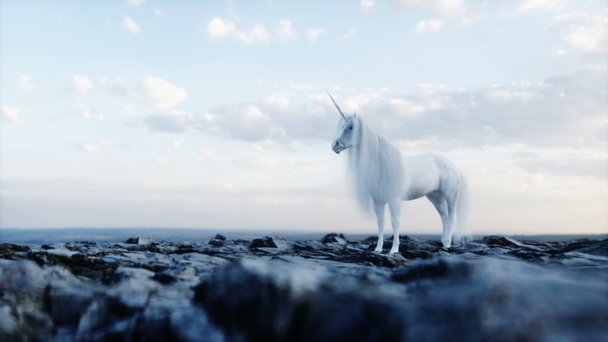 standing white magical unicorn in rocks. Realistic 4k animation. Royalty-Free Stock Footage #1079705588