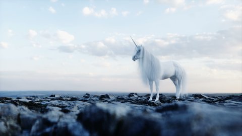 standing white magical unicorn in rocks. Realistic 4k animation.