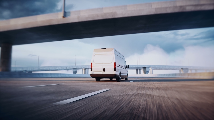 3d generic white delivery van on highway. Very fast driving. Delivery concept. Realistic 4k animation. Royalty-Free Stock Footage #1079705615